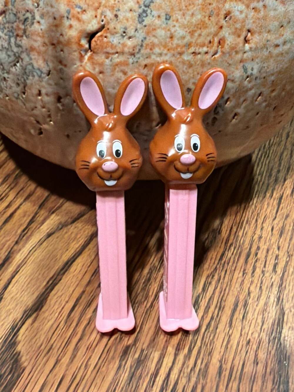 Lot of 2 Vintage Pez Candy Dispensers Brown Bunny Rabbit with Pink Stem and Feet